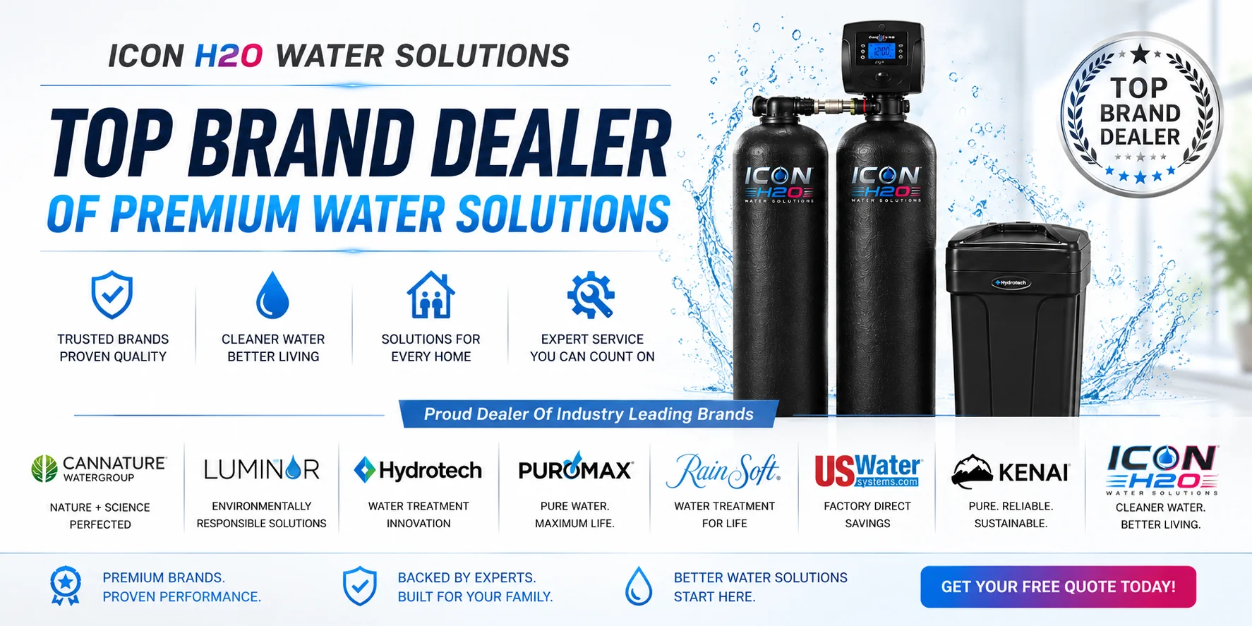 ICON H2O Water Solutions — Top Brand Dealer of Premium Water Solutions. Proud dealer of Cannature, Luminor, Hydrotech, Puromax, RainSoft, US Water, Kenai, and ICON H2O.